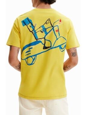 Desigual Victor Embroidered Plant Scooter Illustration Yellow Graphic T-Shirt